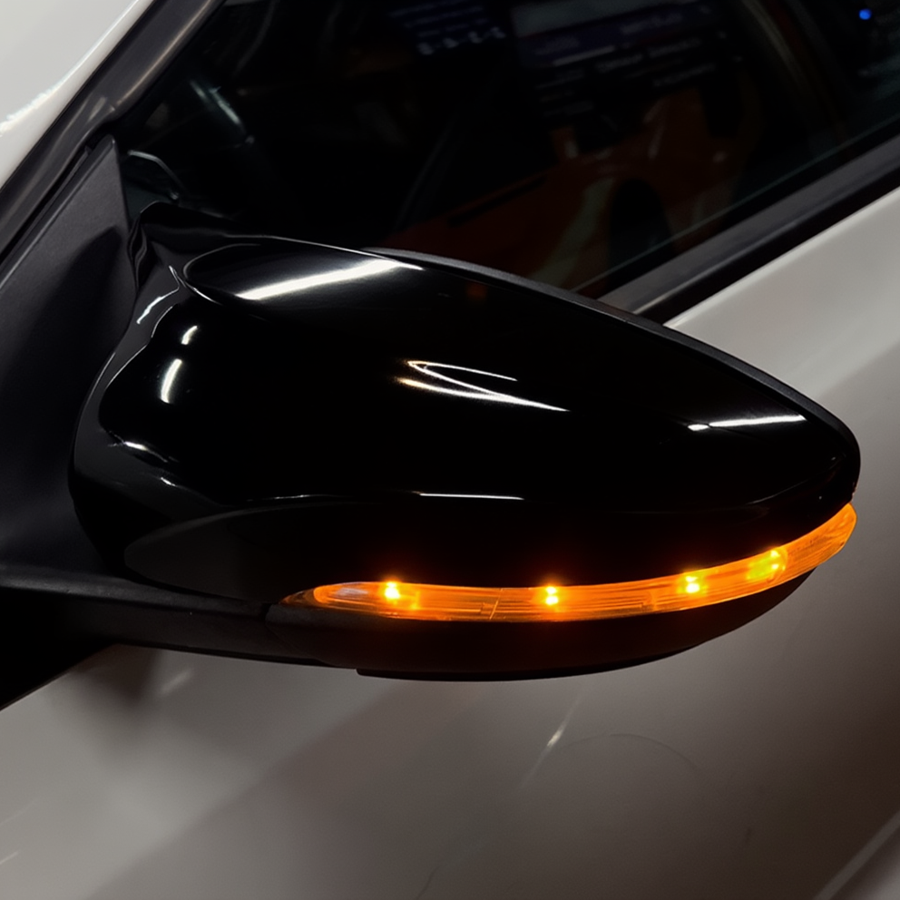 Car side mirror with orange indicator light on a white car
