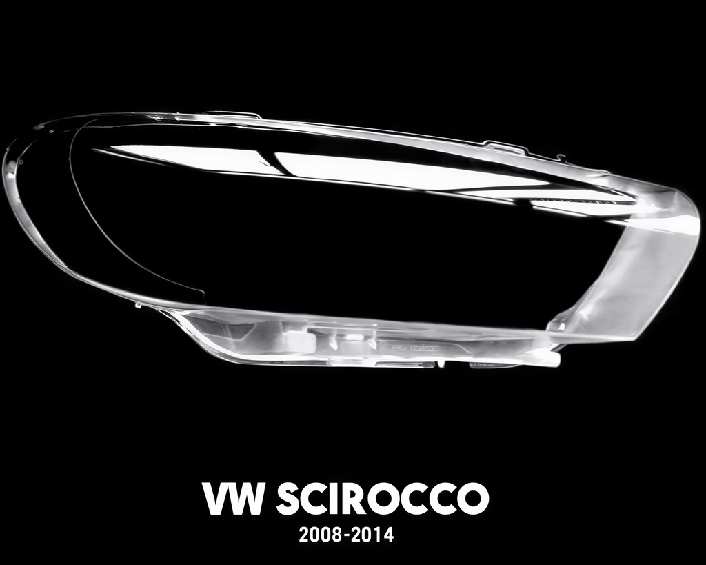 Car headlight cover for VW Scirocco 2008-2014 on a black background