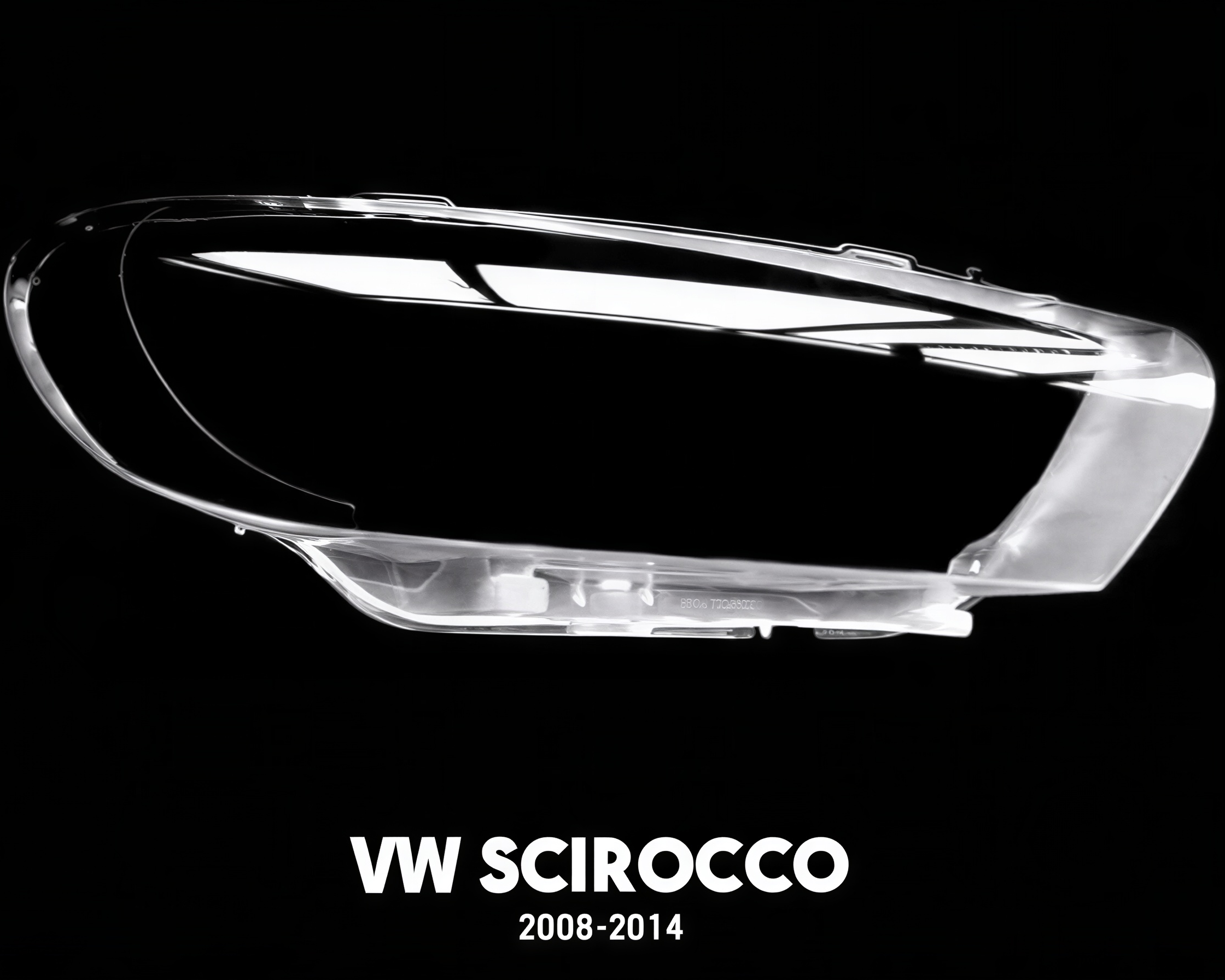 Car headlight cover for VW Scirocco 2008-2014 on a black background